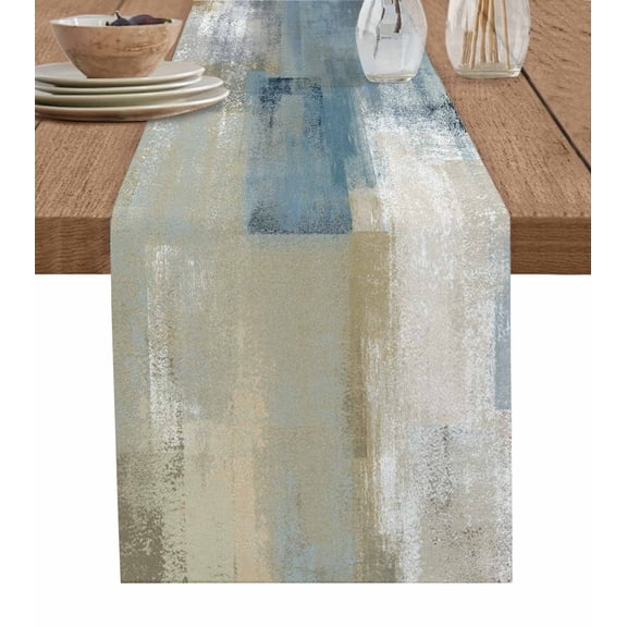 ERUNPONLY Blue Grey Beige Table Runner - 60 Inch Long Abstract Modern Art Oil Painting Cotton and Linen Blended Dress Scarves Farmhouse Table Runner for Kitchen Dining, Coffee Table, 13"x60"