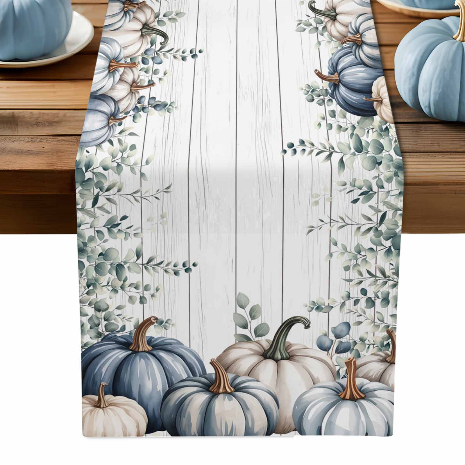 ERUNPONLY Blue Grey Pumpkins Fall Table Runner - 72 Inch Long ...