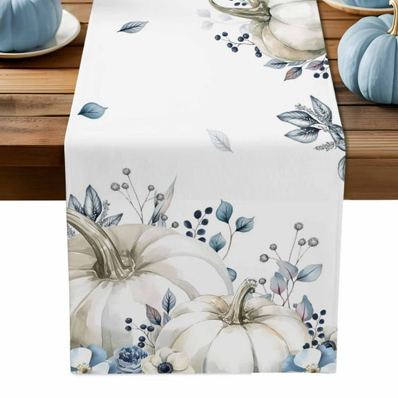 ERUNPONLY Blue Grey Pumpkins Fall Table Runner - 90 Inch Long Thanksgiving Botanical Autumn Cotton and Linen Blended Dress Scarves Farmhouse Table Runner for Kitchen Dining, Coffee Table, 13" x 90"