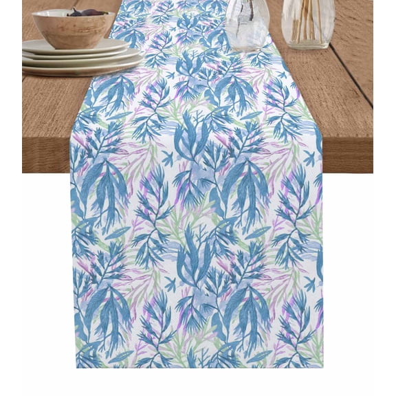 ERUNPONLY Blue Leaf Table Runner - 48 Inch Long Ocean Seagrass Coastal Leaf Watercolor Cotton and Linen Blended Dress Scarves Farmhouse Table Runner for Kitchen Dining, Coffee Table, 13"x48"