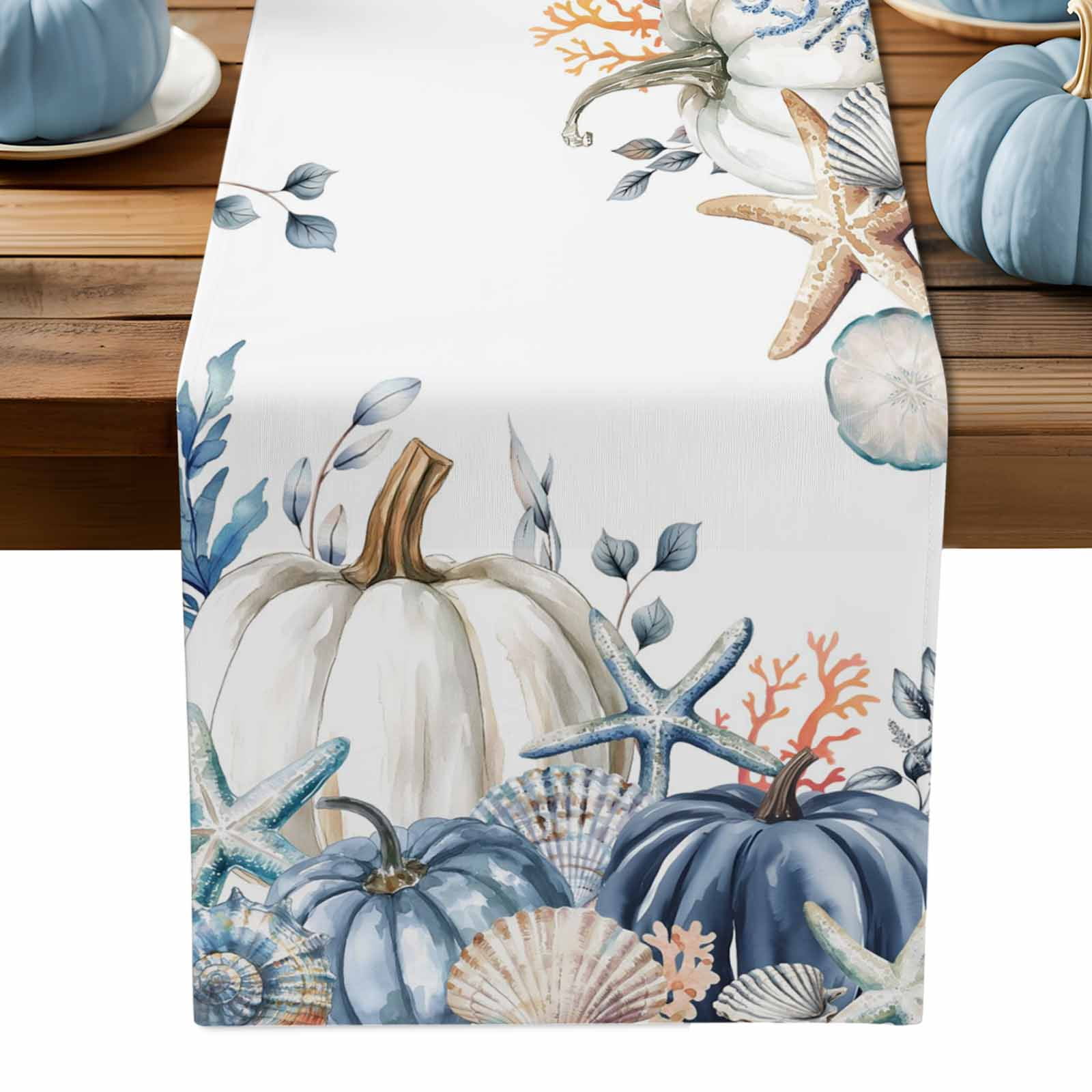 ERUNPONLY Blue Pumpkin Coastal Fall Table Runner - 72 Inch Long ...