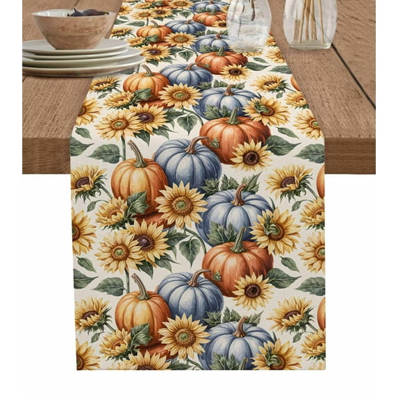 ERUNPONLY Blue Pumpkin Table Runner - 90 Inch Long Thanksgiving Fall Orange Sunflower Cotton and Linen Blended Dress Scarves Farmhouse Table Runner for Kitchen Dining, Coffee Table, 13"x90"
