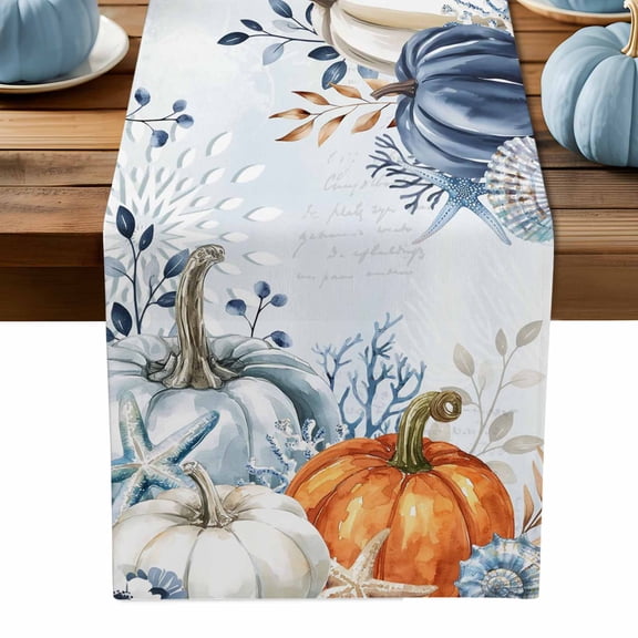 ERUNPONLY Blue Pumpkins Fall Table Runner - 36 Inch Long Coastal Thanksgiving Summer Botanical Cotton and Linen Blended Dress Scarves Farmhouse Table Runner for Kitchen Dining, Coffee Table, 13"x36"
