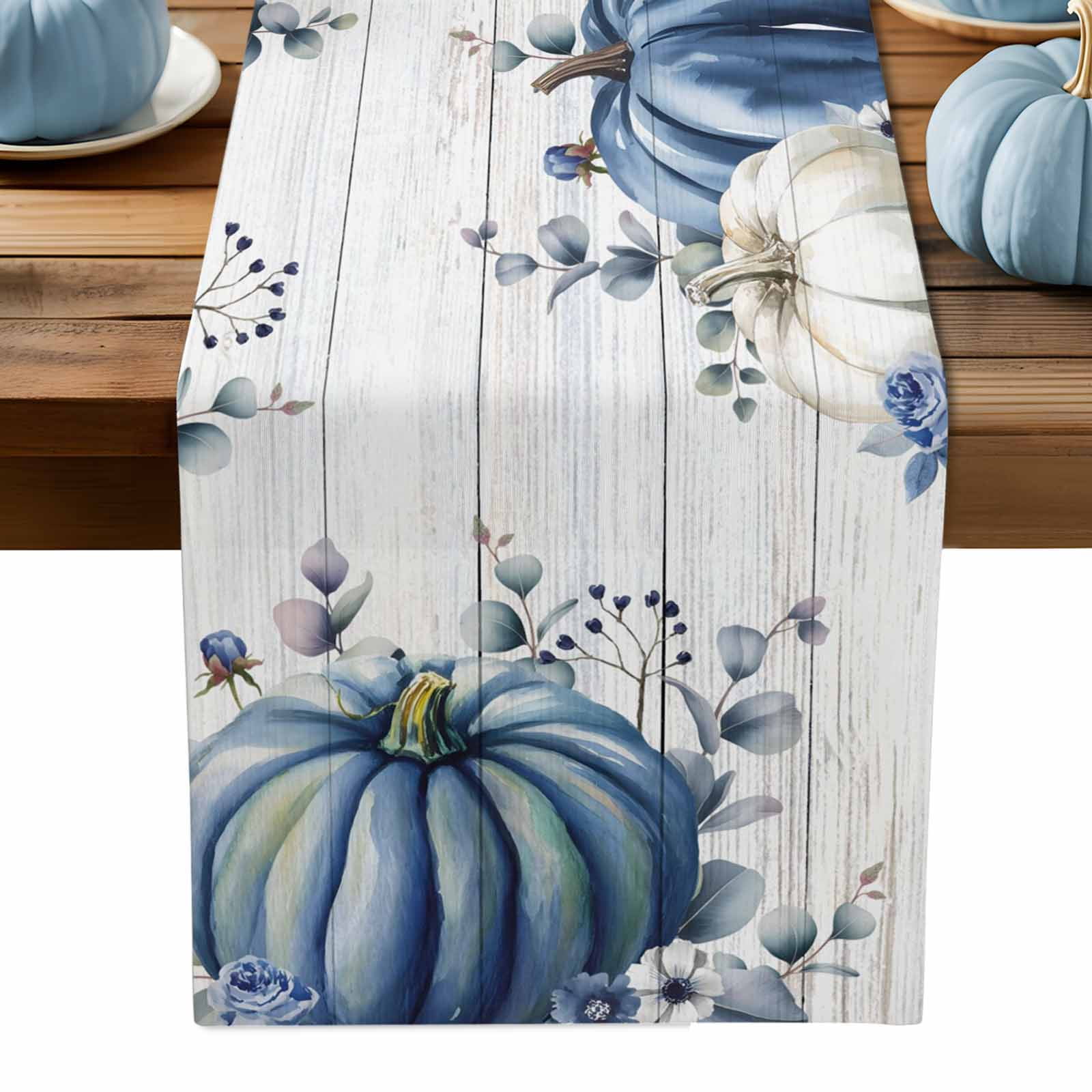 ERUNPONLY Blue Pumpkins Fall Table Runner - 72 Inch Long Thanksgiving ...