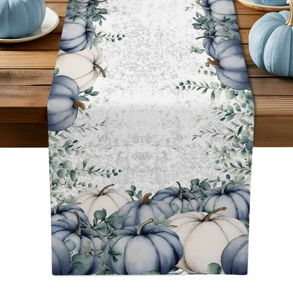 ERUNPONLY Blue Pumpkins Fall Table Runner - 72 Inch Long Vintage Eucalyptus Leaves Thanksgiving Cotton Linen Blended Dress Scarves Farmhouse Table Runner for Kitchen Dining, Coffee Table, 16" x 72"