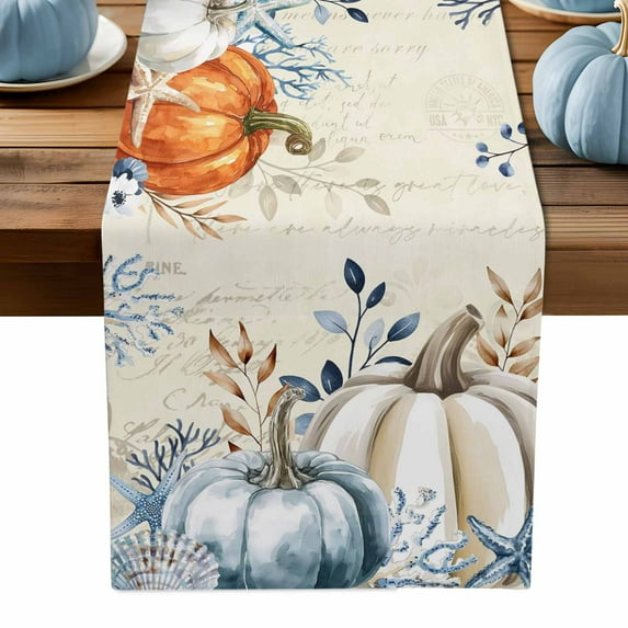 ERUNPONLY Blue Pumpkins Fall Table Runner - 90 Inch Long Thanksgiving Leaves Farmhouse Cotton and Linen Blended Dress Scarves Farmhouse Table Runner for Kitchen Dining, Coffee Table, 13" x 90"