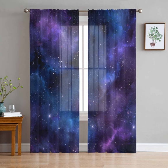 ERUNPONLY Blue Purple Sky Sheer Curtains 72 Inch Length 2 Panels Set, Modern Black Star Night Nature Scenery Voile Window Treatment Curtains Sheers Drapes for Bedroom/Living Room/Kitchen 52"x72"x2