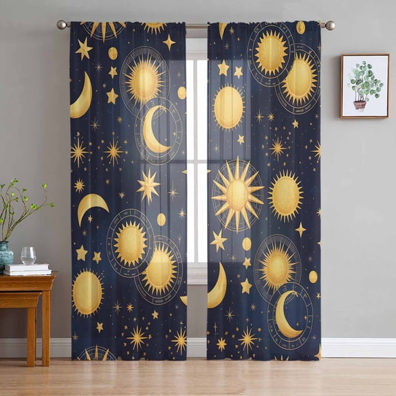 ERUNPONLY Blue Star Sky Sheer Curtains 84 Inch Length 2 Panels Set, Retro Fantasy Farmhouse Gold Moon Sun Voile Window Treatment Curtains Sheers Drapes for Bedroom/Living Room/Kitchen 52"x84"x2