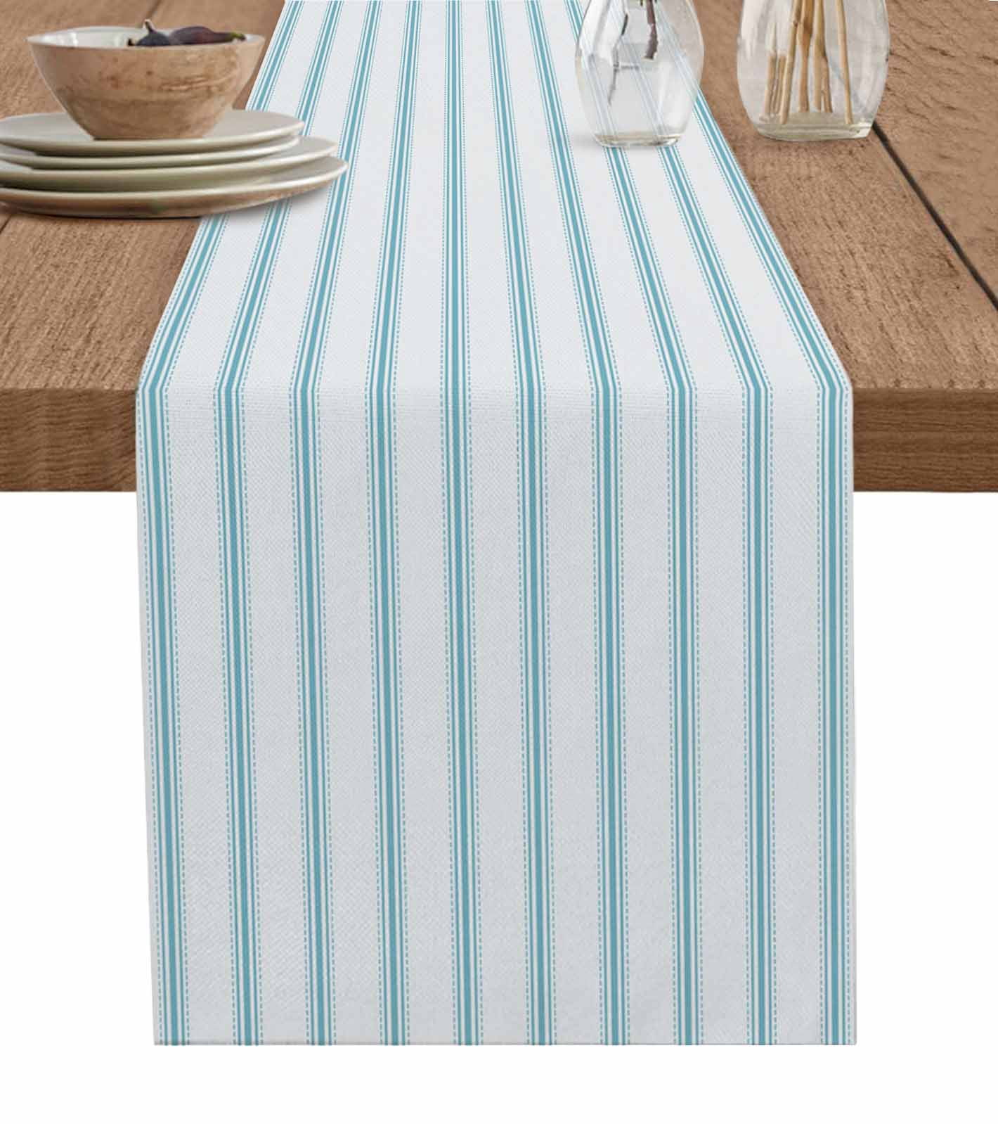 ERUNPONLY Blue Striped Table Runner - 120 Inch Long Blue White Stripes Farmhouse Cotton and Linen Blended Dress Scarves Farmhouse Table Runner for Kitchen Dining, Coffee Table, 13" x 120"