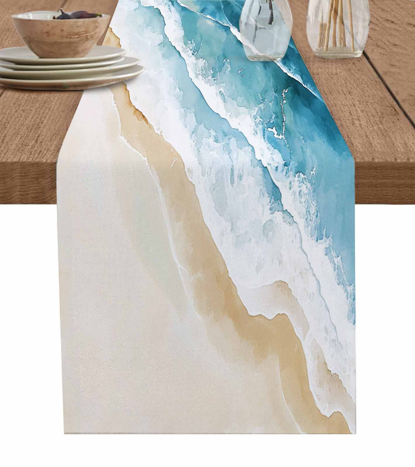 Blue Teal Coastal Table Runner - 90 Inch Long Cotton Linen Runner With Starfish Coral Pattern, 13x90