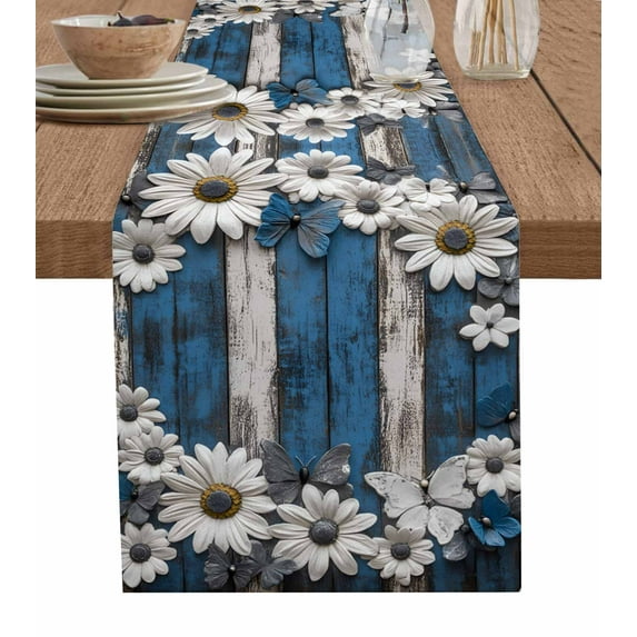 ERUNPONLY Blue White Daisy Table Runner - 90 Inch Long Vintage Farmhouse Butterfly Floral Wood Cotton and Linen Blended Dress Scarves Farmhouse Table Runner for Kitchen Dining, Coffee Table, 13"x90"