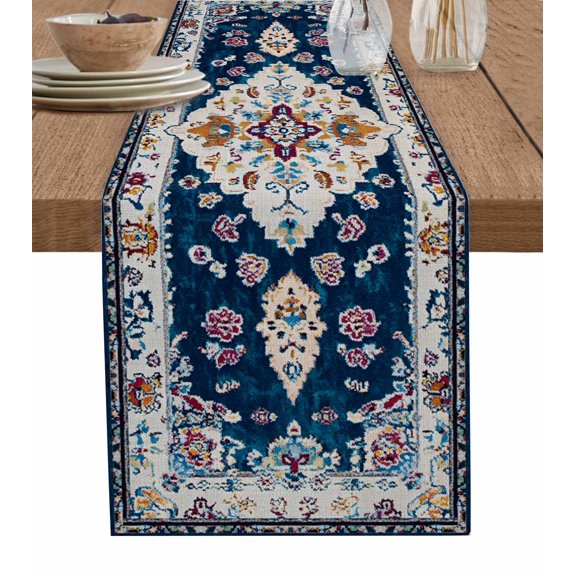 ERUNPONLY Boho Blue Flower Table Runner - 70 Inch Long Rustic Oriental Farmhouse Mexican Aztec Cotton and Linen Blended Dress Scarves Farmhouse Table Runner for Kitchen Dining, Coffee Table, 13"x70"