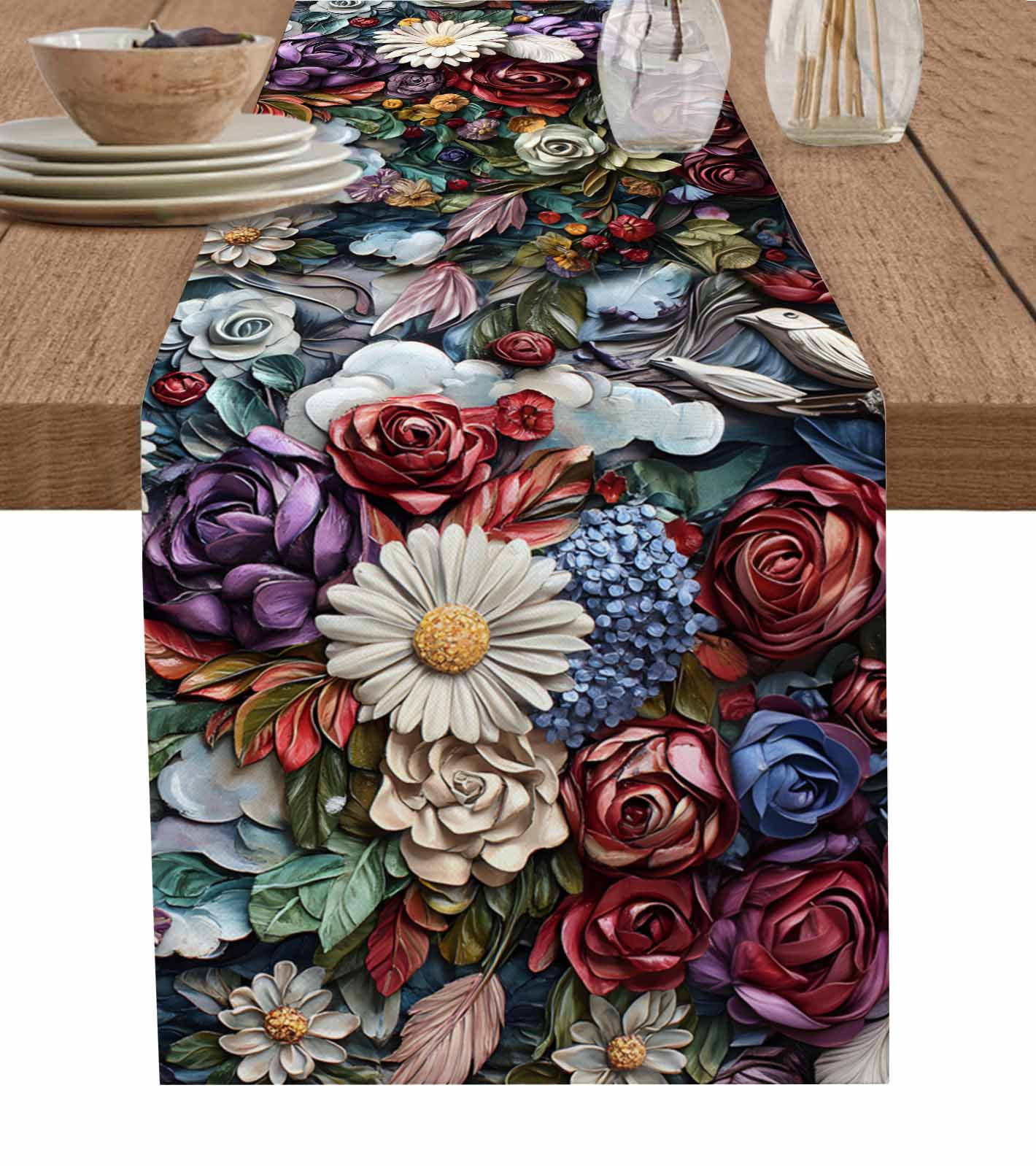 ERUNPONLY Boho Colorful Flower Table Runner - 72 Inch Long Roses ...