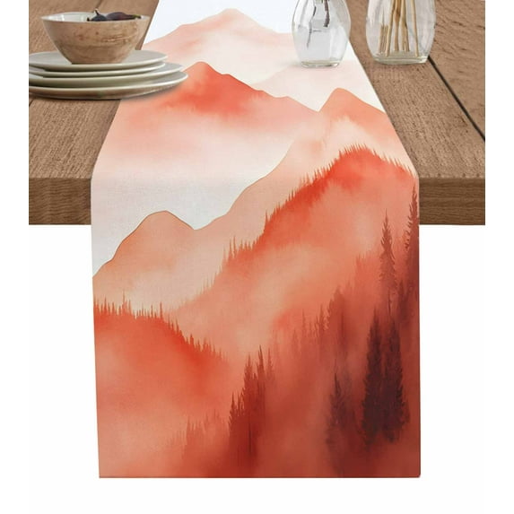 ERUNPONLY Boho Red Forest Table Runner - 36 Inch Long Modern Watercolor Mountains Trees Cotton and Linen Blended Dress Scarves Farmhouse Table Runner for Kitchen Dining, Coffee Table, 13"x36"