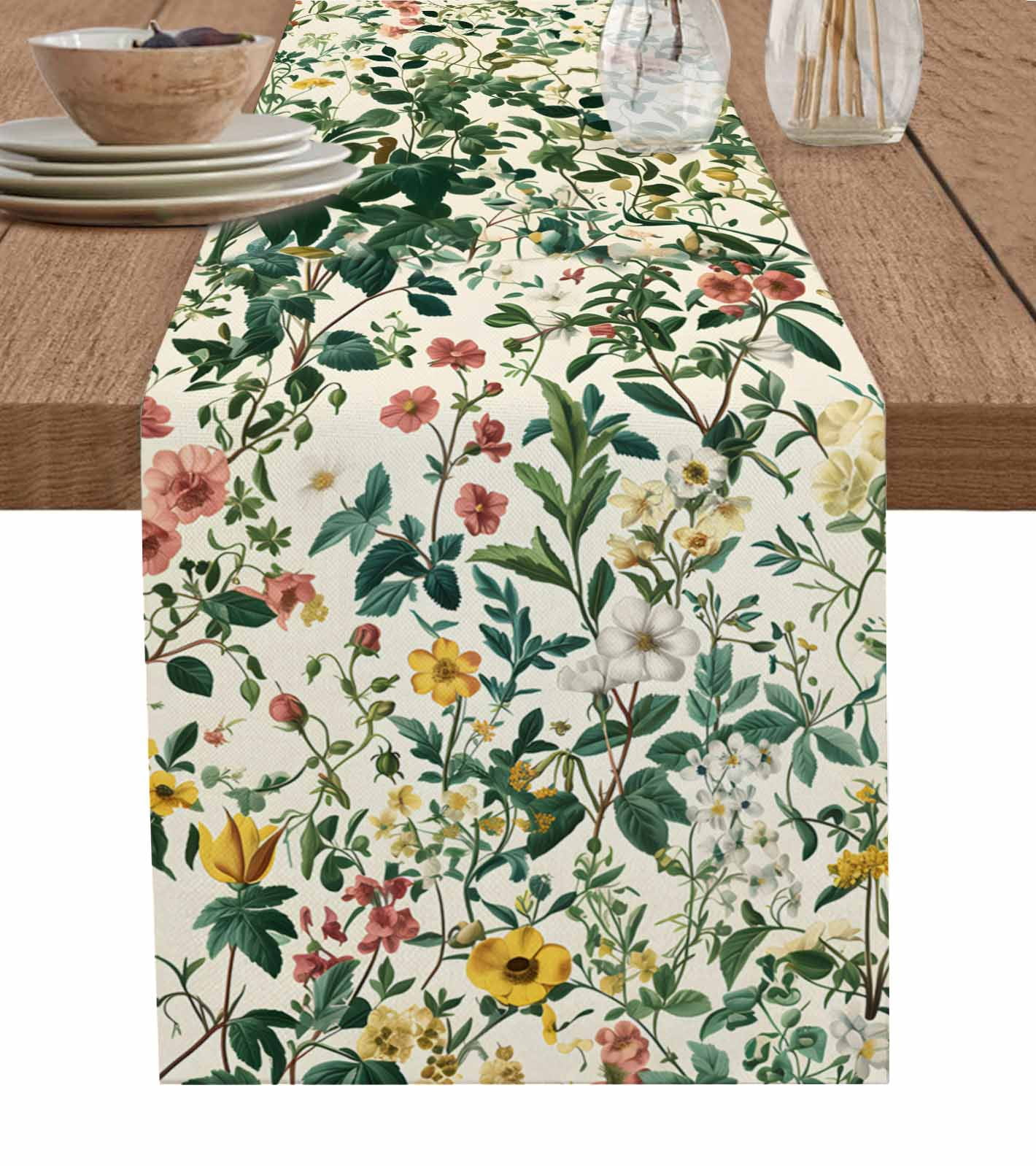 Seasonal Botanical Pattern Printed Table Runner with Tassels main image 1