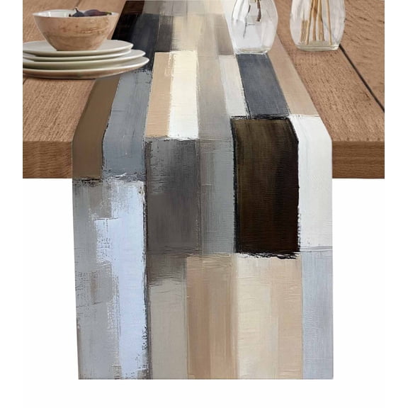 ERUNPONLY Brown Beige Plaid Table Runner - 36 Inch Long Abstract Oil Painting Checkered Cotton and Linen Blended Dress Scarves Farmhouse Table Runner for Kitchen Dining, Coffee Table, 13"x36"