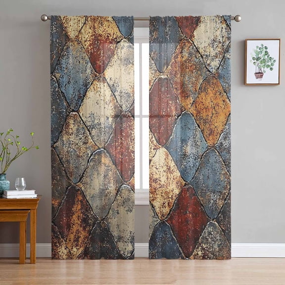 ERUNPONLY Brown Gray Plaid Sheer Curtains 63 Inch Length 2 Panels Set, Country Abstract Gradient Chic Check Voile Window Treatment Curtains Sheers Drapes for Bedroom/Living Room/Kitchen 52x"63"x2