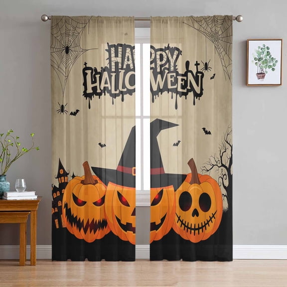 ERUNPONLY Brown Halloween Sheer Curtains 84 Inch Length 2 Panels Set, Spooky Pumpkins Horror Spi-der Web Voile Window Treatment Curtains Sheers Drapes for Bedroom/Living Room/Kitchen 52"x84"x2