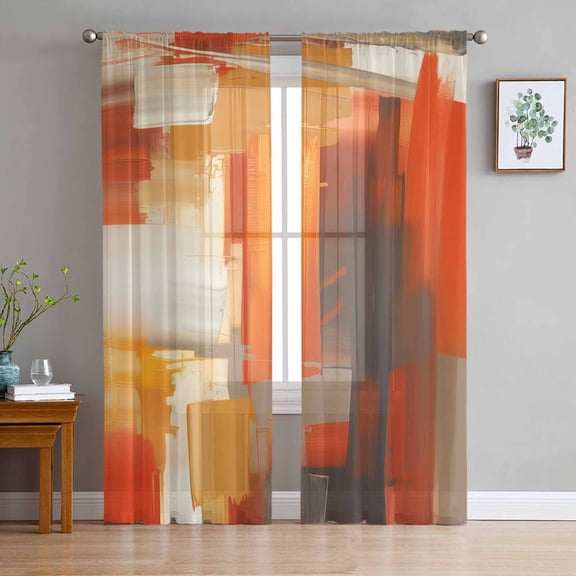 ERUNPONLY Burnt Orange Brown Sheer Curtains 96 Inch Length 2 Panels Set, Farmhouse Ombre Abstract Mottled Art Voile Window Treatment Sheer Long Curtains for Bedroom/Living Room/Kitchen 52"x96"x2