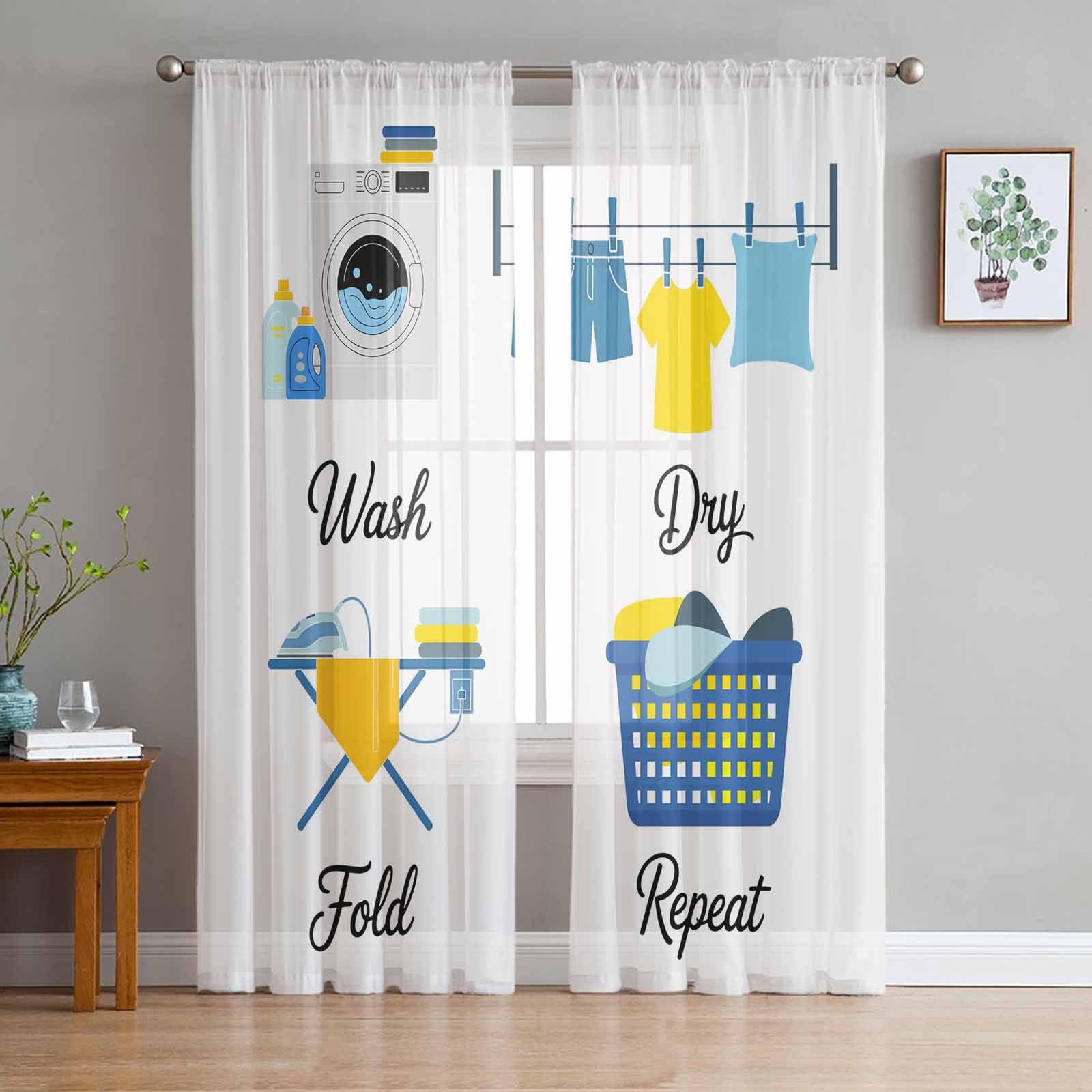 Laundry Room Curtains ERUNPONLY Cartoon Laundry Room Sheer Curtains 63 Inch Length 2 Panels