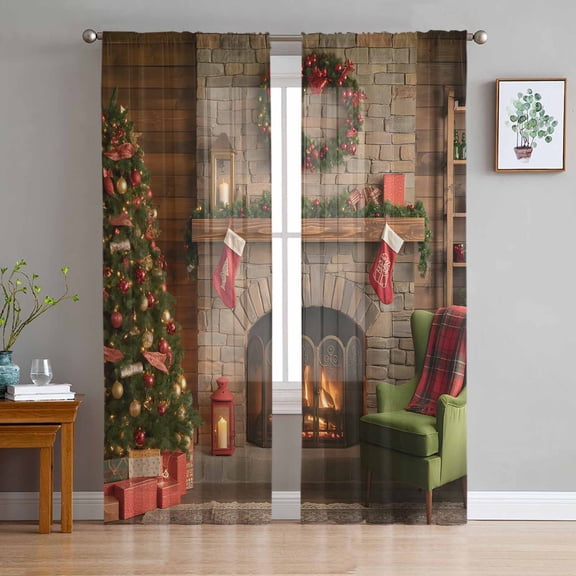 ERUNPONLY Christmas Sheer Curtains 84 Inch Length 2 Panels Set, Winter Fireplace Wreath Modern Xmas Scenery Voile Window Treatment Curtains Sheers Drapes for Bedroom/Living Room/Kitchen 52"x84"x2