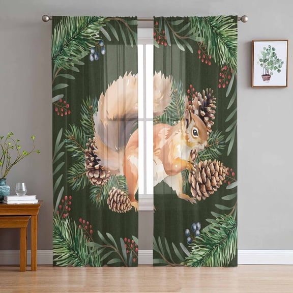 ERUNPONLY Christmas Squirrel Sheer Curtains 84 Inch Length 2 Panels Set, Sage Green Pine Cones Berry Pastoral Voile Window Treatment Curtains Sheers Drapes for Bedroom/Living Room/Kitchen 52"x84"x2