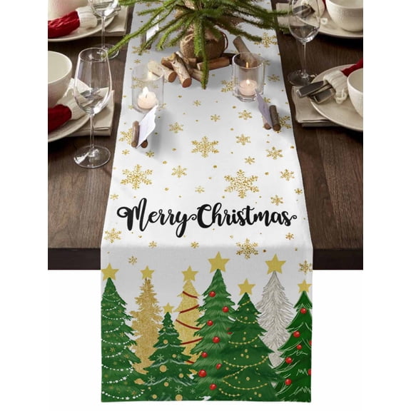 ERUNPONLY Christmas Tree Table Runner - 36 Inch Long Green Xmas Tree Snowflake Luxury Cotton and Linen Blended Dress Scarves Farmhouse Table Runner for Kitchen Dining, Coffee Table, 13" x 36"