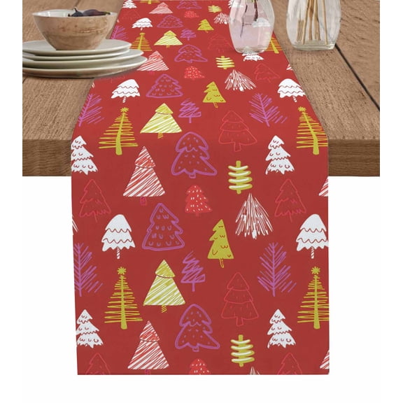 ERUNPONLY Christmas Tree Table Runner - 48 Inch Long Red Gold Yellow Modern Cartoon Style Cotton and Linen Blended Dress Scarves Farmhouse Table Runner for Kitchen Dining, Coffee Table, 13"x48"