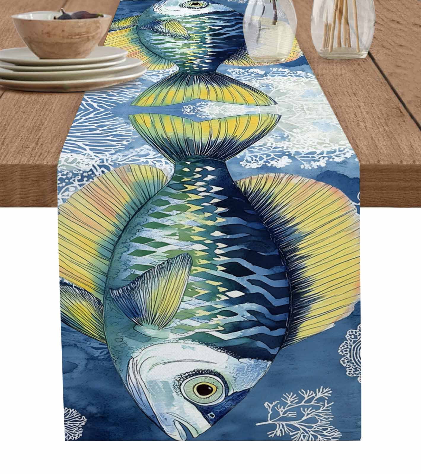 ERUNPONLY Coastal Blue Yellow Fish Table Runner - 48 Inch Long Summer ...