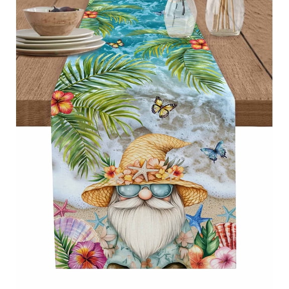 ERUNPONLY Coastal Gnomes Table Runner - 36 Inch Long Tropical Palm Tree Beach Flowers Butterfly Cotton Linen Blended Dress Scarves Farmhouse Table Runner for Kitchen Dining, Coffee Table, 13"x36"