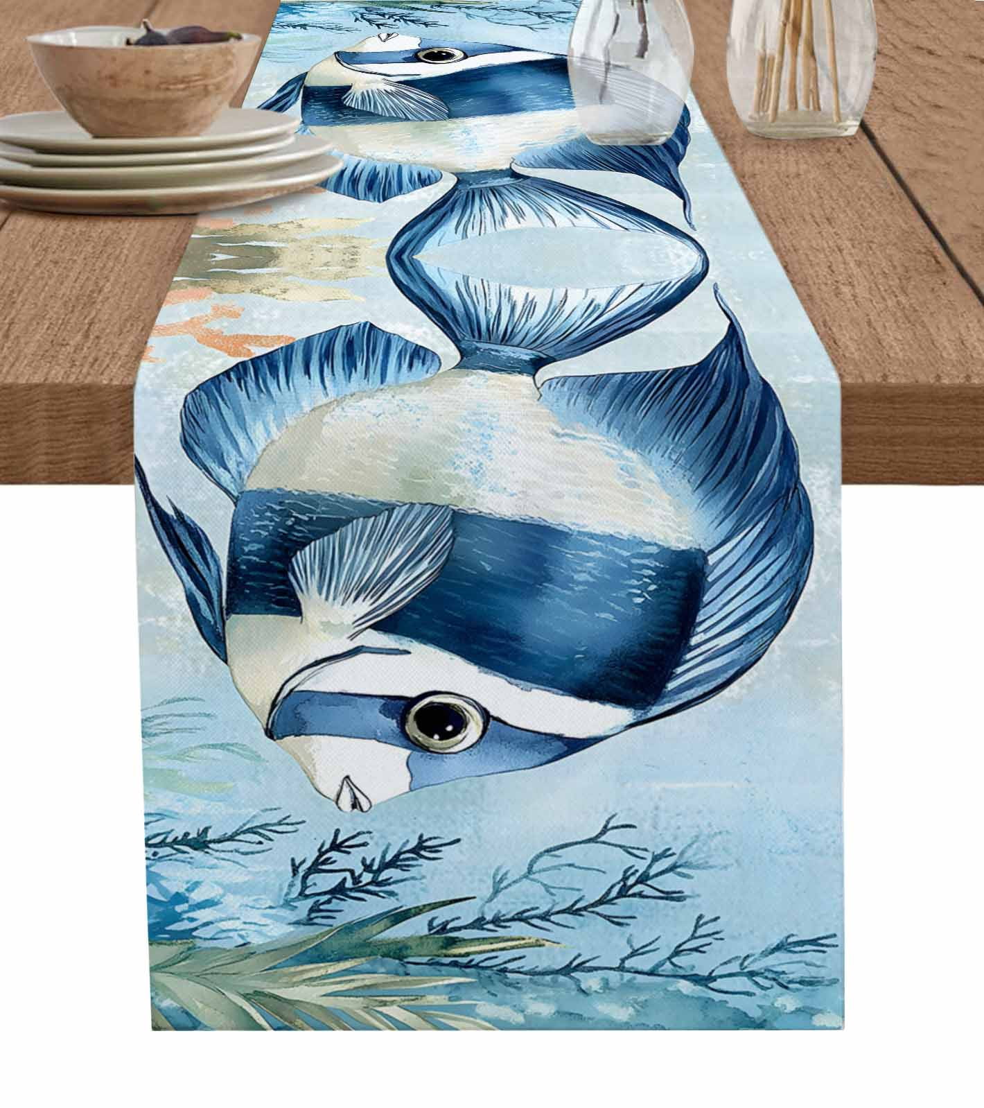 ERUNPONLY Coastal Ocean Fish Table Runner - 108 Inch Long Summer ...