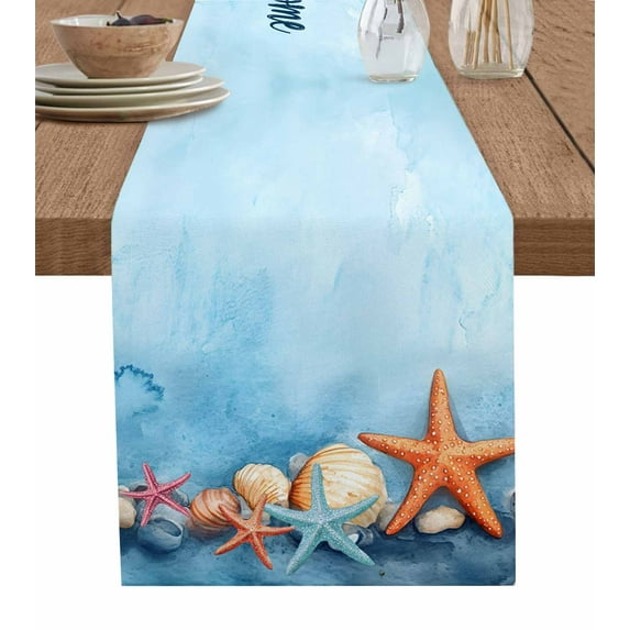 ERUNPONLY Coastal Ocean Table Runner - 48 Inch Long Blue Starfish Shell Watercolor Cotton and Linen Blended Dress Scarves Farmhouse Table Runner for Kitchen Dining, Coffee Table, 13" x 48"