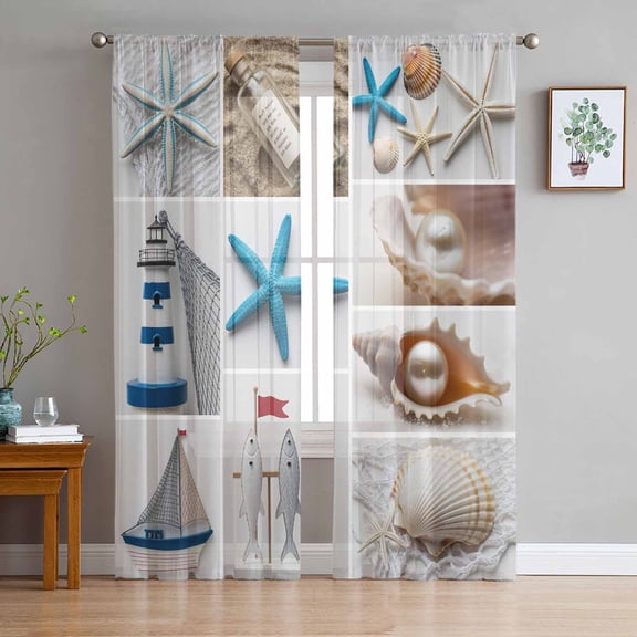 ERUNPONLY Coastal Starfish Sheer Curtains 63 Inch Length 2 Panels Set, Beach Lighthouse Conch Shell Ocean Pearl Voile Window Treatment Curtains Sheers Drapes for Bedroom/Living Room/Kitchen 52x"63"x2