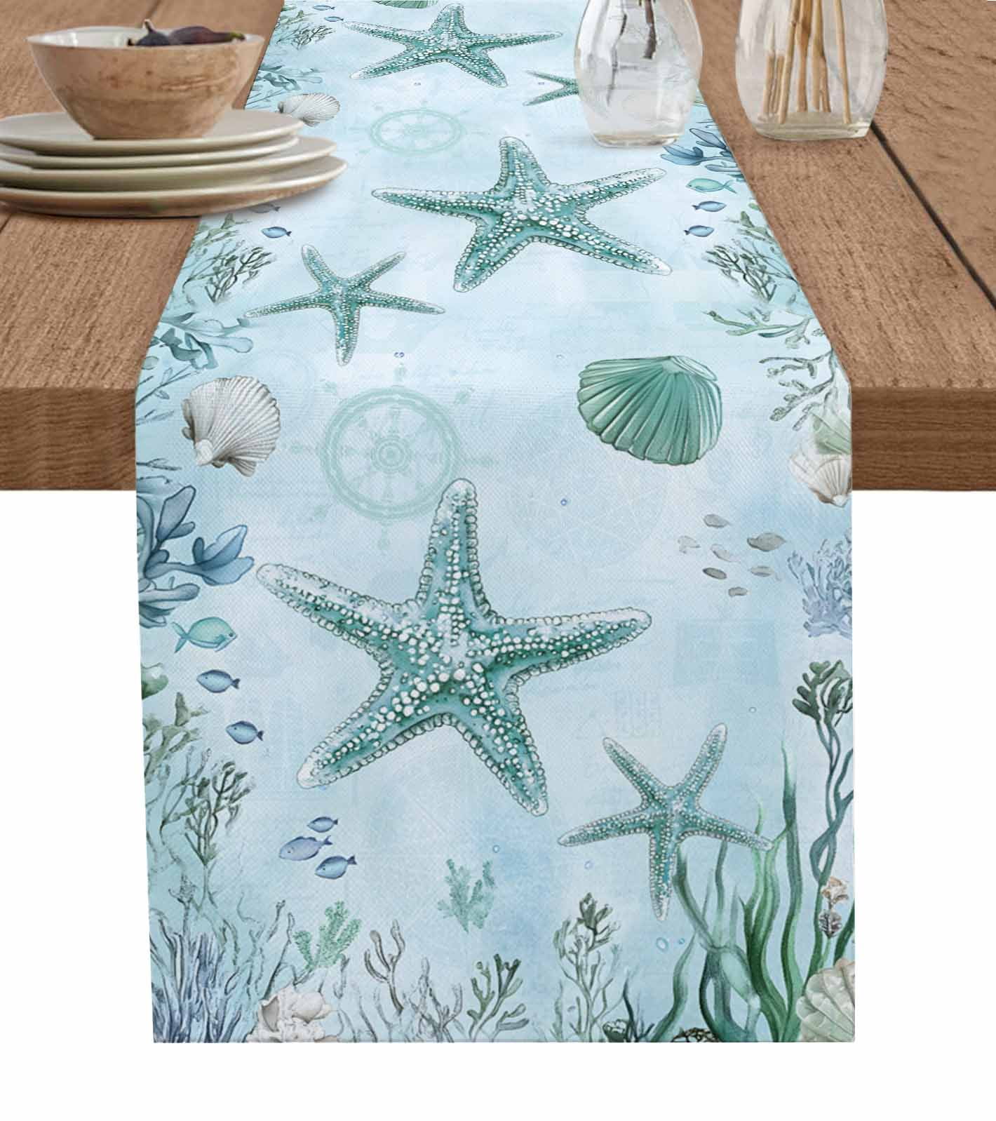 Runner Seashell ERUNPONLY Coastal Starfish Table Runner - 90 Inch Long Nautical Coral ...