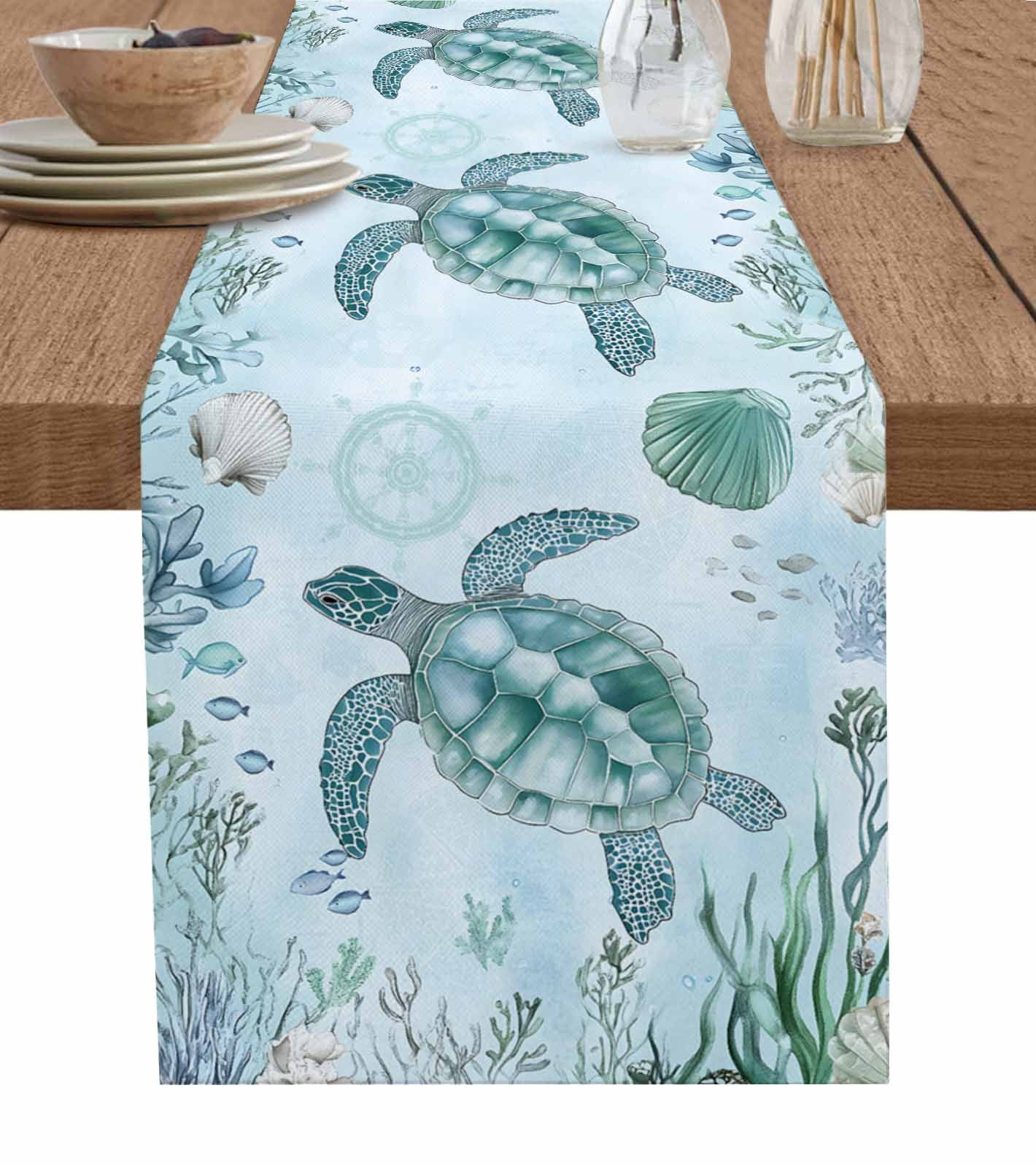 Runner Seashell ERUNPONLY Coastal Turtle Table Runner - 70 Inch Long Beach Nautical ...