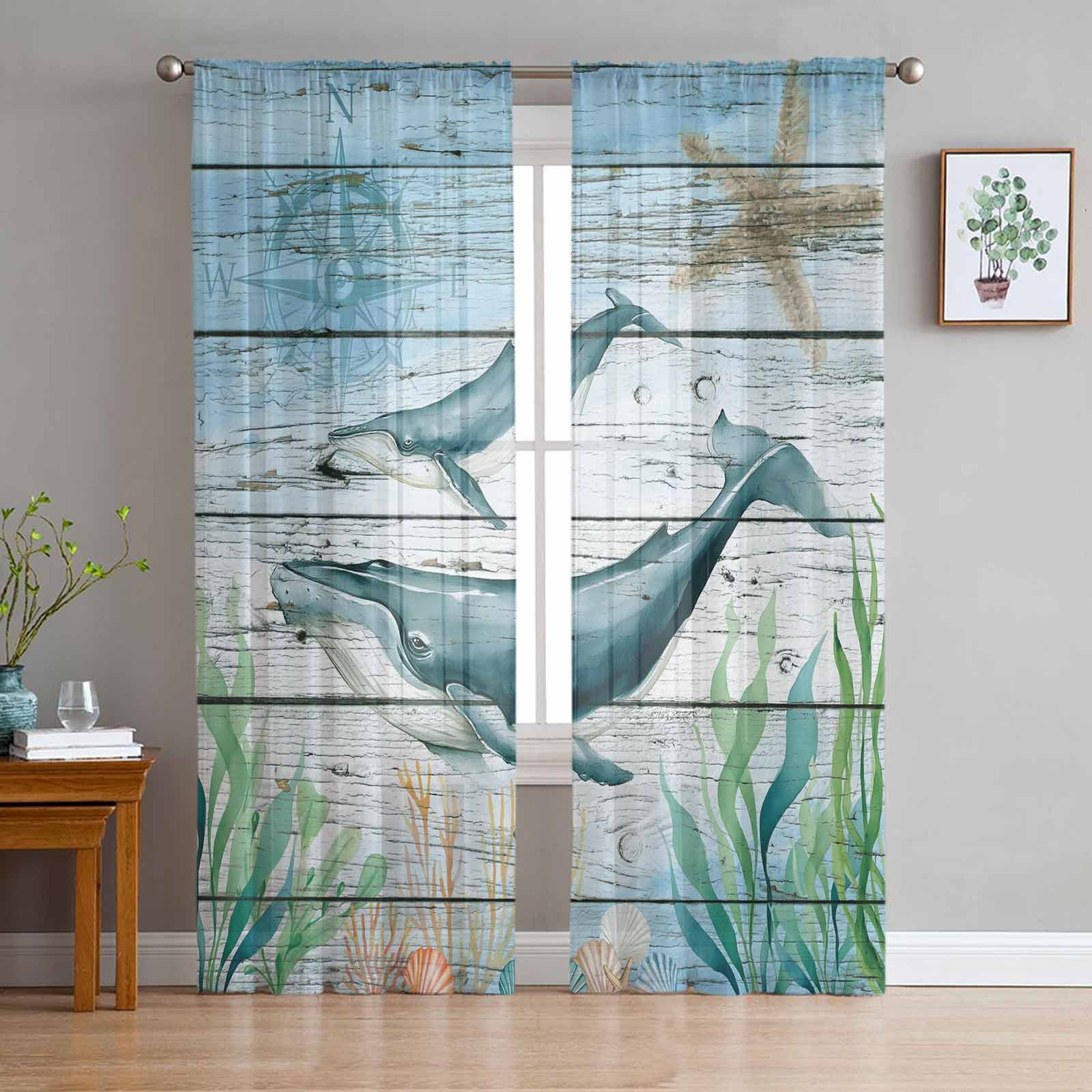 ERUNPONLY Coastal Whale Sheer Curtains 84 Inch Length 2 Panels Set ...
