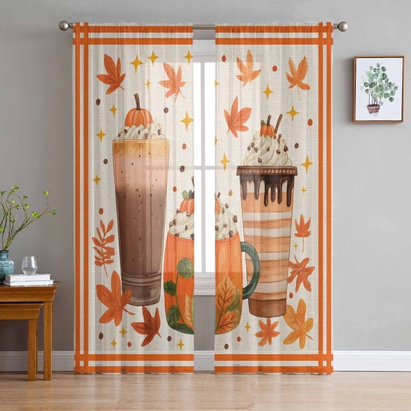 ERUNPONLY Coffee Fall Sheer Curtains 72 Inch Length 2 Panels Set, Autumn Maple Leaves Rustic Voile Window Treatment Rod Pocket Curtains Sheers Drapes for Bedroom/Living Room/Kitchen 52"x72"x2
