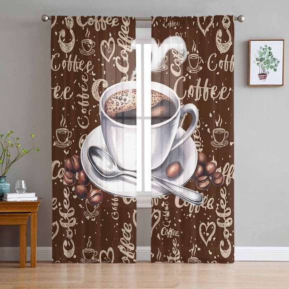 ERUNPONLY Coffee Sheer Curtains 63 Inch Length 2 Panels Set, Vintage Art Pastoral Voile Window Treatment Rod Pocket Curtains Sheers Drapes for Bedroom/Living Room/Kitchen 52x"63"x2