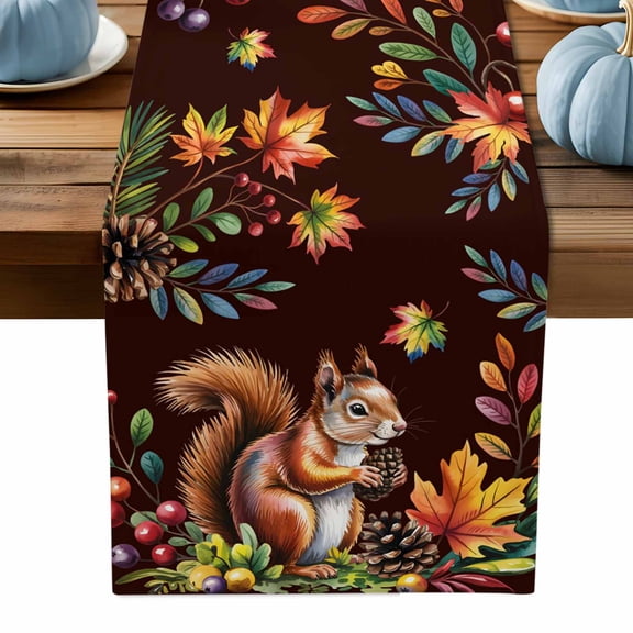 ERUNPONLY Colorful Squirrel Table Runner - 36 Inch Long Brown Botanical Berry Pine Cones Cotton and Linen Blended Dress Scarves Farmhouse Table Runner for Kitchen Dining, Coffee Table, 13" x 36"