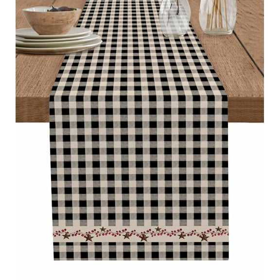 ERUNPONLY Country Star Plaid Table Runner - 72 Inch Long Black Retro American Farm Barn Berry Cotton and Linen Blended Dress Scarves Farmhouse Table Runner for Kitchen Dining, Coffee Table, 14"x72"