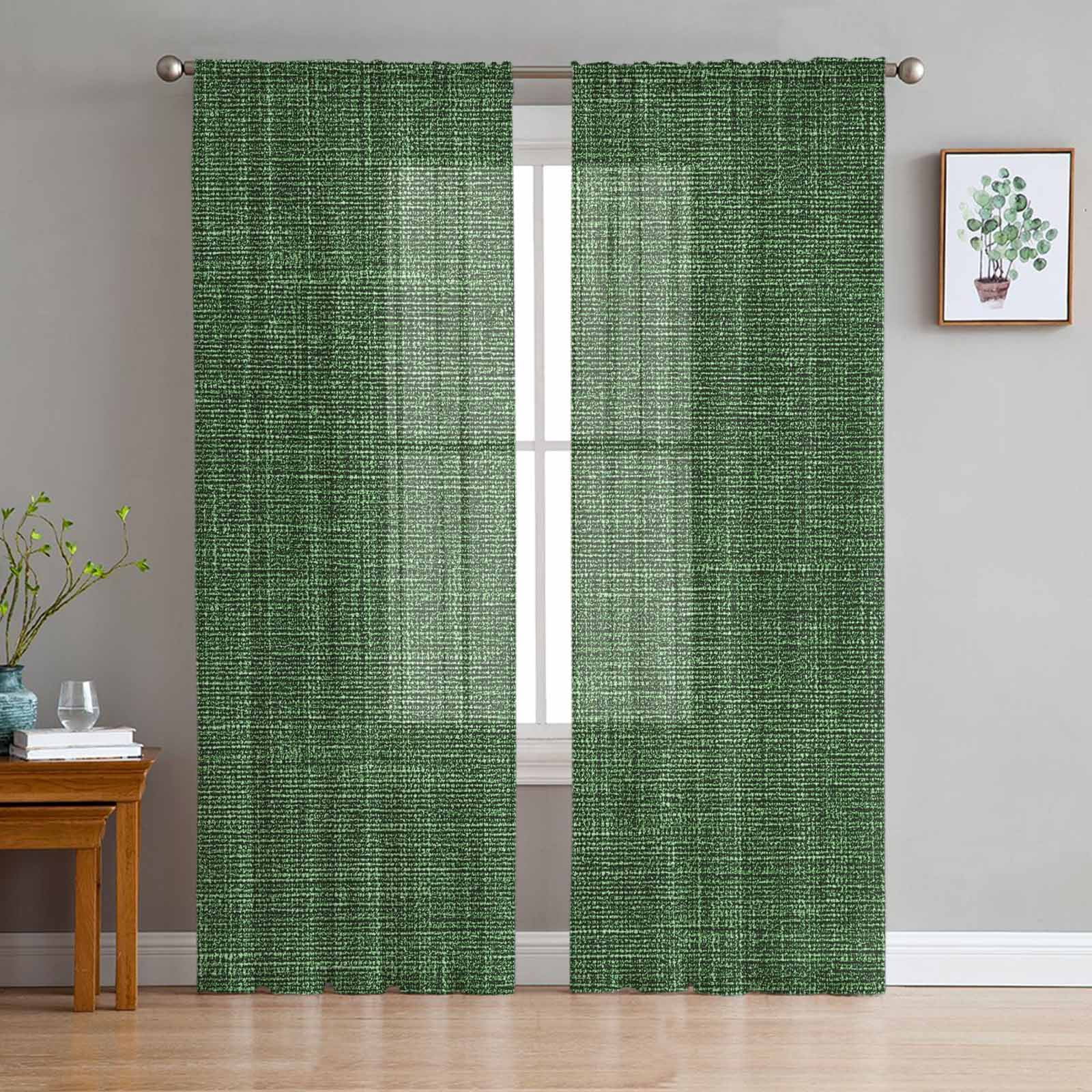 ERUNPONLY Dark Green Burlap Texture Sheer Curtains 72 Inch Length 2 ...
