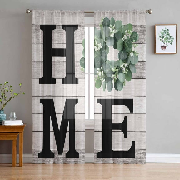 ERUNPONLY Eucalyptus Leaves Sheer Curtains 72 Inch Length 2 Panels Set, Rustic Botanical Plants Text Wood Grain Voile Window Treatment Curtains Sheers Drapes for Bedroom/Living Room/Kitchen 52"x72"x2