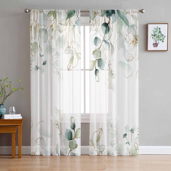 ERUNPONLY Eucalyptus Leaves Sheer Curtains 84 Inch Length 2 Panels Set, Watercolor Sage Green Golden Floral Voile Window Treatment Curtains Sheers Drapes for Bedroom/Living Room/Kitchen 52"x84"x2