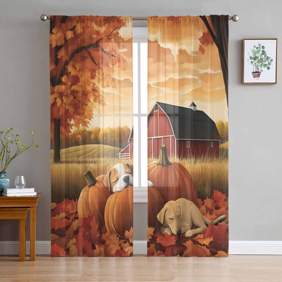 ERUNPONLY Fall Country Sheer Curtains 63 Inch Length 2 Panels Set, Autumn Orange Pumpkin Barn Dog Animal Voile Window Treatment Curtains Sheers Drapes for Bedroom/Living Room/Kitchen 52x"63"x2
