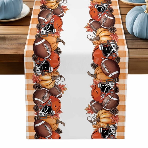ERUNPONLY Fall Football Pumpkin Table Runner - 36 Inch Long Thanksgiving Maple Orange Check Autumn Cotton Linen Blended Dress Scarves Farmhouse Table Runner for Kitchen Dining, Coffee Table, 13"x36"