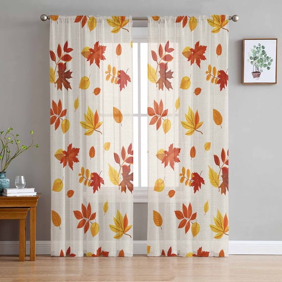 ERUNPONLY Fall Maple Leaves Sheer Curtains 63 Inch Length 2 Panels Set, Thanksgiving Botanical Fallen Leaf Voile Window Treatment Curtains Sheers Drapes for Bedroom/Living Room/Kitchen 52x"63"x2