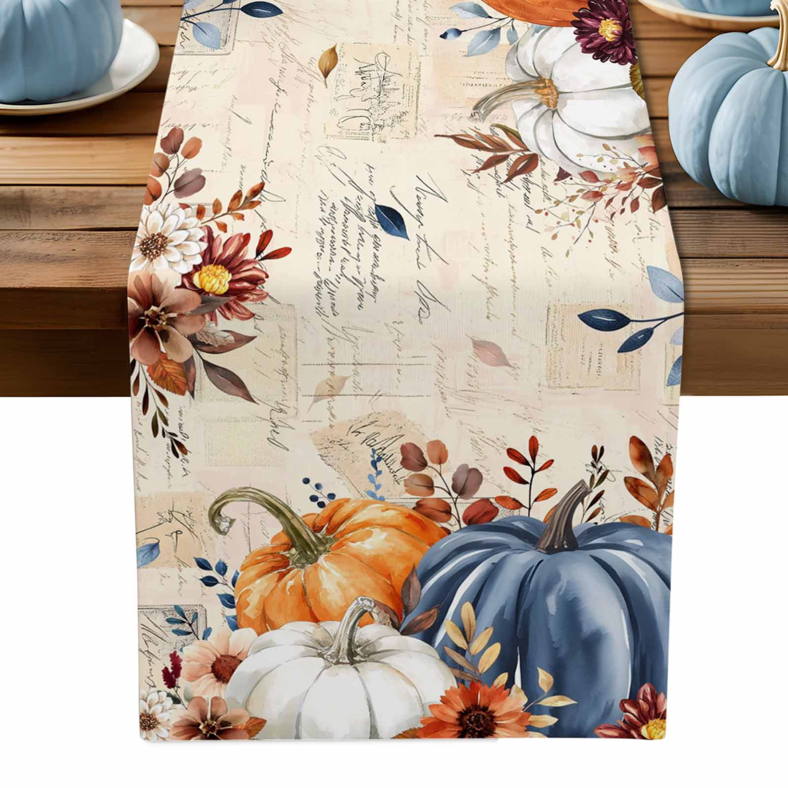 ERUNPONLY Fall Orange Blue Table Runner - 36 Inch Long Thanksgiving ...