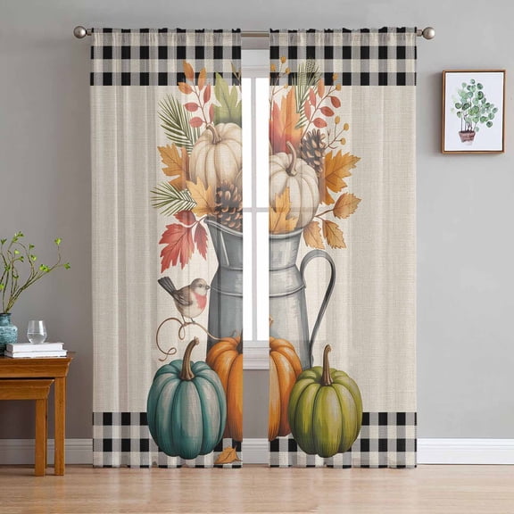ERUNPONLY Fall Pumpkin Sheer Curtains 63 Inch Length 2 Panels Set, Thanksgiving Maple Leaf Plant Fruit Plaid Voile Window Treatment Curtains Sheers Drapes for Bedroom/Living Room/Kitchen 52x"63"x2