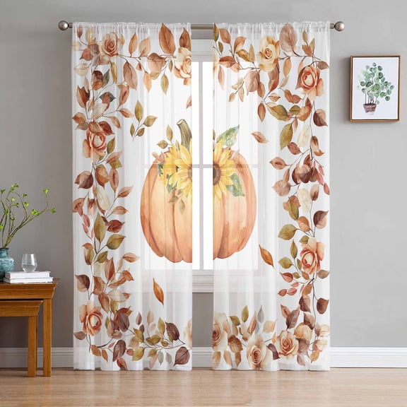 ERUNPONLY Fall Pumpkin Sheer Curtains 72 Inch Length 2 Panels Set, Thanksgiving Eucalyptus Sunflower Rose Voile Window Treatment Curtains Sheers Drapes for Bedroom/Living Room/Kitchen 52"x72"x2