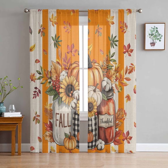 ERUNPONLY Fall Pumpkin Sunflower Sheer Curtains 96 Inch Length 2 Panels Set, Thanksgiving Maple Orange Striped Beige Window Treatment Sheer Long Curtains for Bedroom/Living Room/Kitchen 52"x96"x2